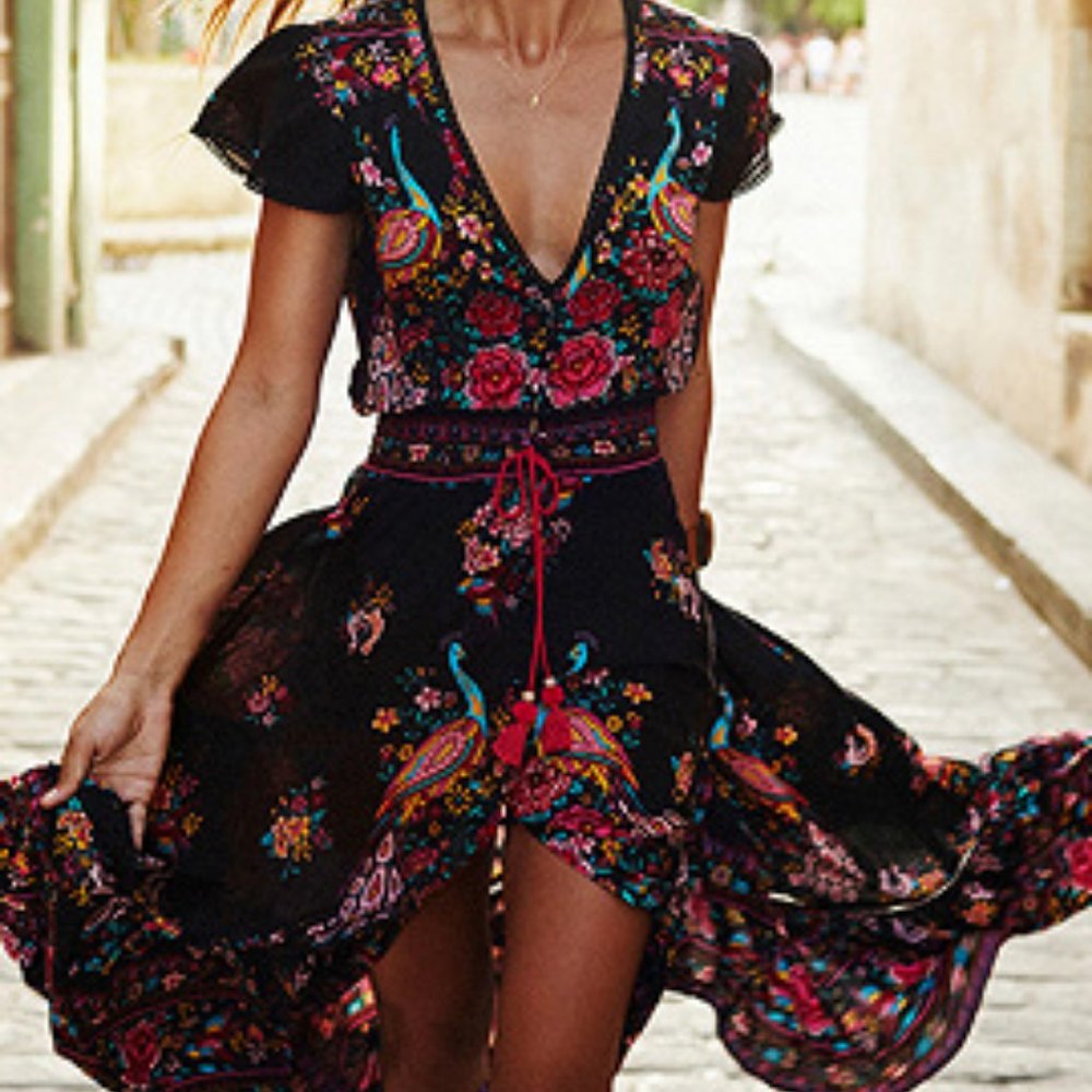 Boho Maxi/Hi-low multi-colour floral peacock dress